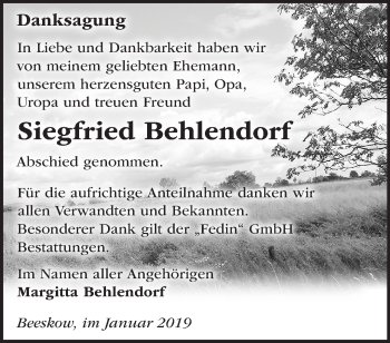 Traueranzeige von Siegfried Behlendorf von Märkische Oderzeitung