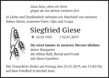 Traueranzeige von Siegfried Giese von Märkische Oderzeitung