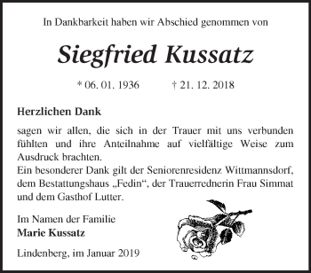 Traueranzeige von Siegfried Kussatz von Märkische Oderzeitung