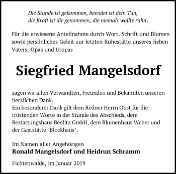 Traueranzeige von Siegfried Mangelsdorf von Märkische Oderzeitung