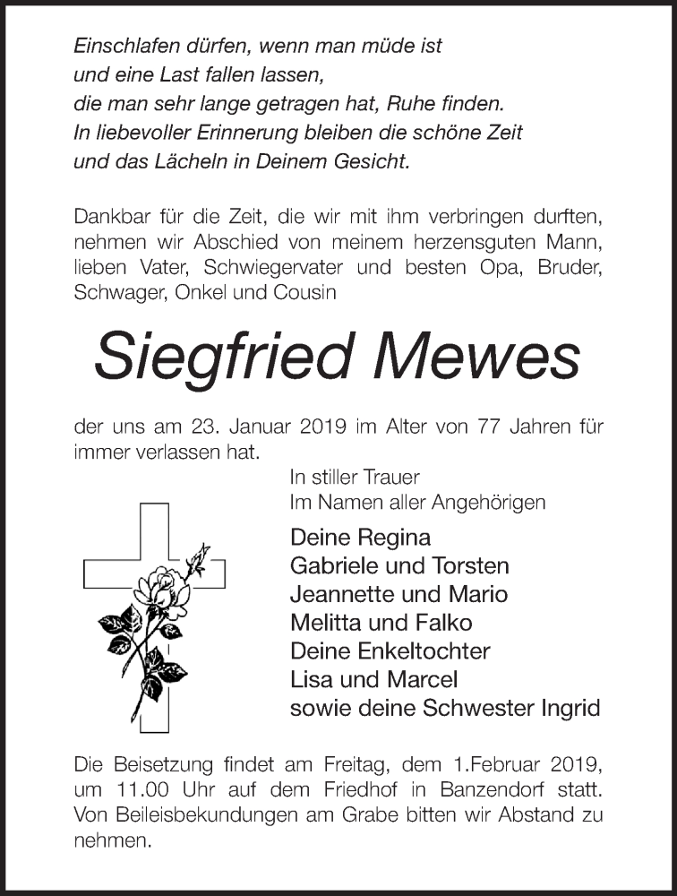  Traueranzeige für Siegfried Mewes vom 26.01.2019 aus Märkische Oderzeitung