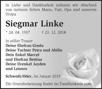 Traueranzeige von Siegmar Linke von Märkische Oderzeitung