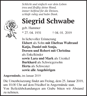 Traueranzeige von Siegrid Schwabe von Märkische Oderzeitung