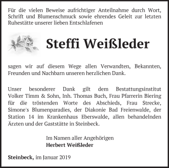 Traueranzeige von Steffi Weißleder von Märkische Oderzeitung