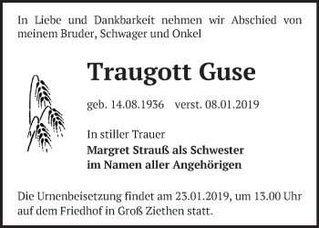 Traueranzeige von Traugott Guse von Märkische Oderzeitung