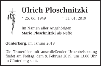 Traueranzeige von Ulrich Ploschnitzki von Märkische Oderzeitung