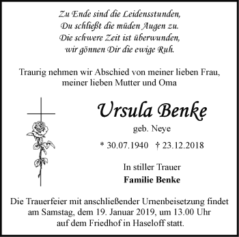 Traueranzeige von Ursula Benke von Märkische Oderzeitung