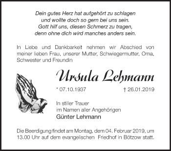 Traueranzeige von Ursula Lehmann von Märkische Oderzeitung