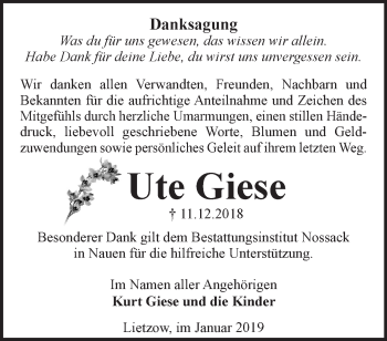 Traueranzeige von Ute Giese von Märkische Oderzeitung