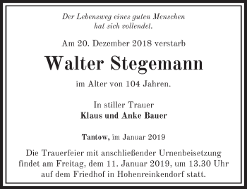 Traueranzeige von Walter Stegemann von Märkische Oderzeitung