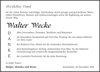 Traueranzeige von Walter Wecke von Märkische Oderzeitung