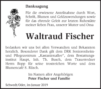 Traueranzeige von Waltraud Fischer von Märkische Oderzeitung