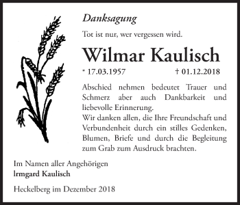 Traueranzeige von Wilmar Kaulisch von Märkische Oderzeitung