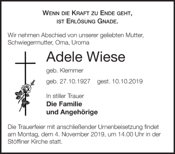 Traueranzeige von Adele Wiese von Märkische Oderzeitung