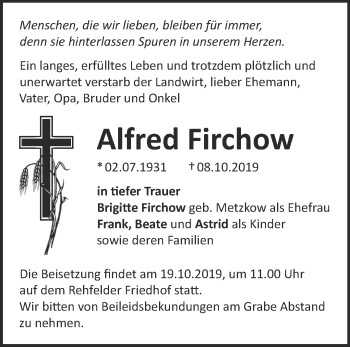 Traueranzeige von Alfred Firchow von Märkische Oderzeitung