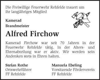 Traueranzeige von Alfred Firchow von Märkische Oderzeitung