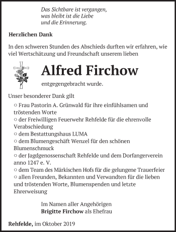 Traueranzeige von Alfred Firchow von Märkische Oderzeitung