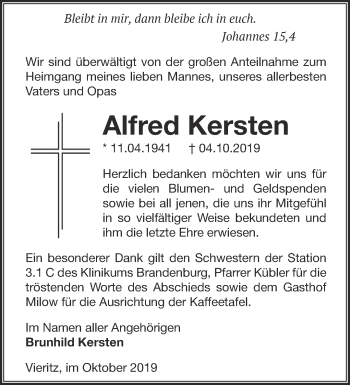 Traueranzeige von Alfred Kersten von Märkische Oderzeitung