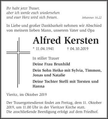 Traueranzeige von Alfred Kersten von Märkische Oderzeitung