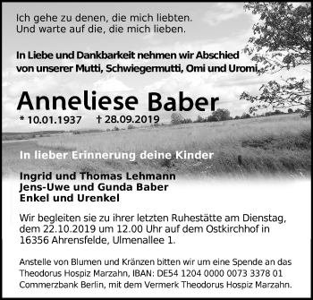 Traueranzeige von Anneliese Baber von Märkische Oderzeitung