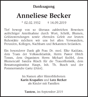 Traueranzeige von Anneliese Becker von Märkische Oderzeitung