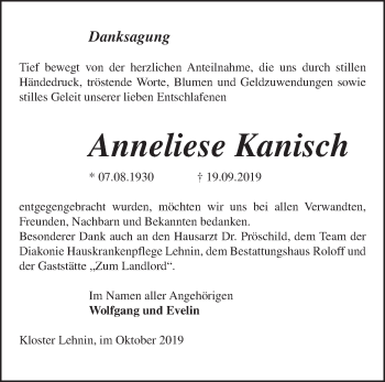 Traueranzeige von Anneliese Kanisch von Märkische Oderzeitung