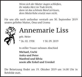 Traueranzeige von Annemarie Liss von Märkische Oderzeitung