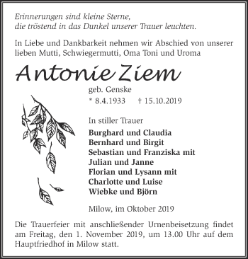 Traueranzeige von Antonie Ziem von Märkische Oderzeitung