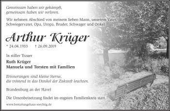 Traueranzeige von Arthur Krüger von Märkische Oderzeitung