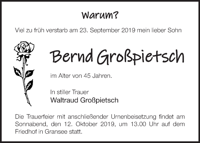  Traueranzeige für Bernd Großpietsch vom 05.10.2019 aus Märkische Oderzeitung