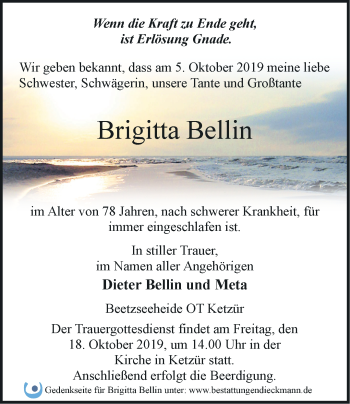 Traueranzeige von Brigitta Bellin von Märkische Oderzeitung