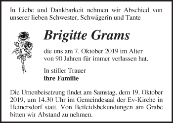 Traueranzeige von Brigitte Grams von Märkische Oderzeitung