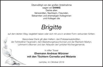 Traueranzeige von Brigitte Würzner von Märkische Oderzeitung