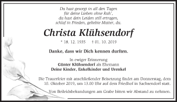 Traueranzeige von Christa Klühsendorf von Märkische Oderzeitung