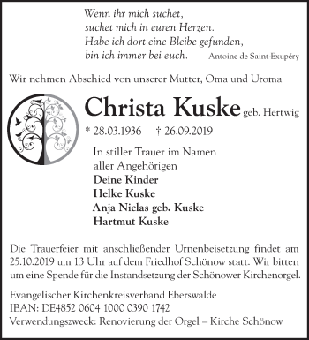 Traueranzeige von Christa Kuske von Märkische Oderzeitung