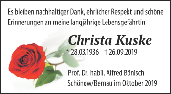 Traueranzeige von Christa Kuske von Märkische Oderzeitung