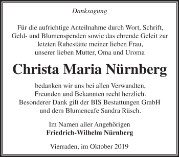 Traueranzeige von Christa Maria Nürnberg von Märkische Oderzeitung