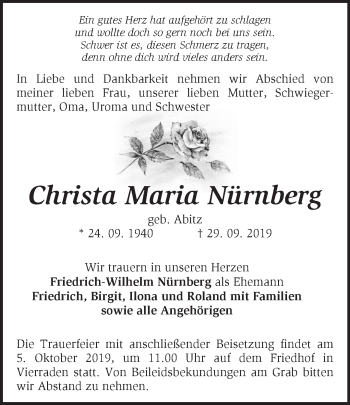 Traueranzeige von Christa Maria Nürnberg von Märkische Oderzeitung