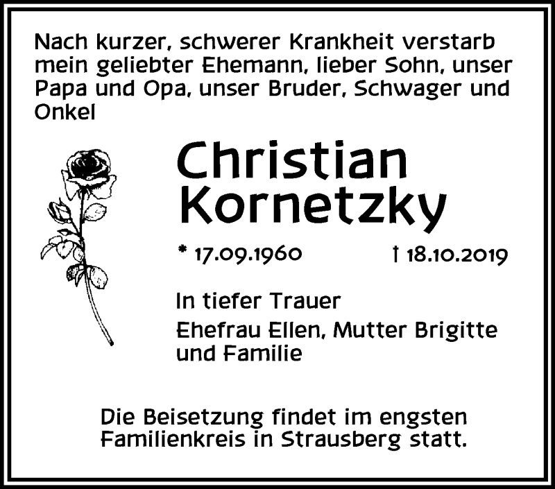  Traueranzeige für Christian Kornetzky vom 26.10.2019 aus Märkische Oderzeitung