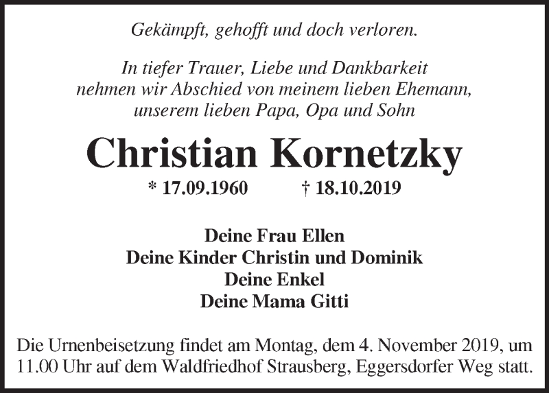  Traueranzeige für Christian Kornetzky vom 27.10.2019 aus Märkische Oderzeitung