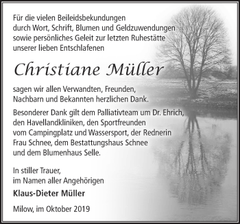 Traueranzeige von Christiane Müller von Märkische Oderzeitung