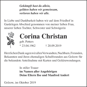 Traueranzeige von Corina Christan von Märkische Oderzeitung