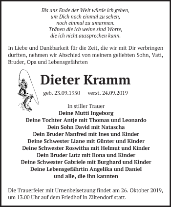 Traueranzeige von Dieter Kramm von Märkische Oderzeitung