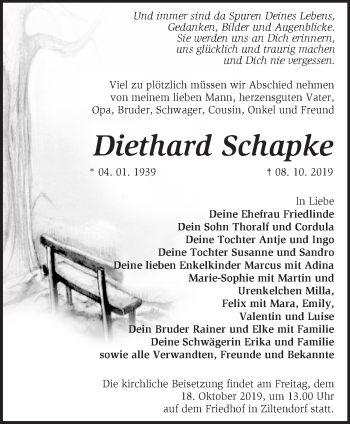 Traueranzeige von Diethard Schapke von Märkische Oderzeitung