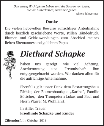 Traueranzeige von Diethard Schapke von Märkische Oderzeitung