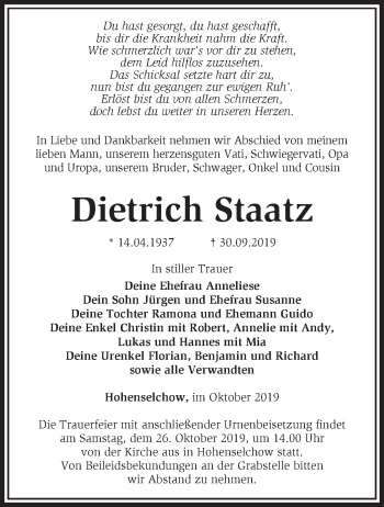 Traueranzeige von Dietrich Staatz von Märkische Oderzeitung