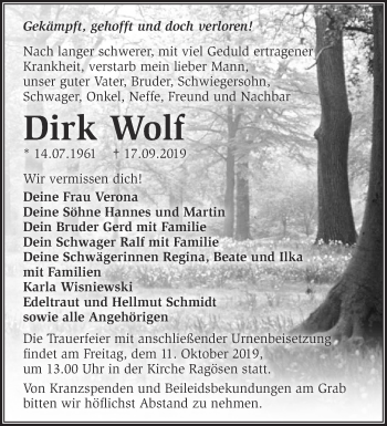 Traueranzeige von Dirk Wolf von Märkische Oderzeitung