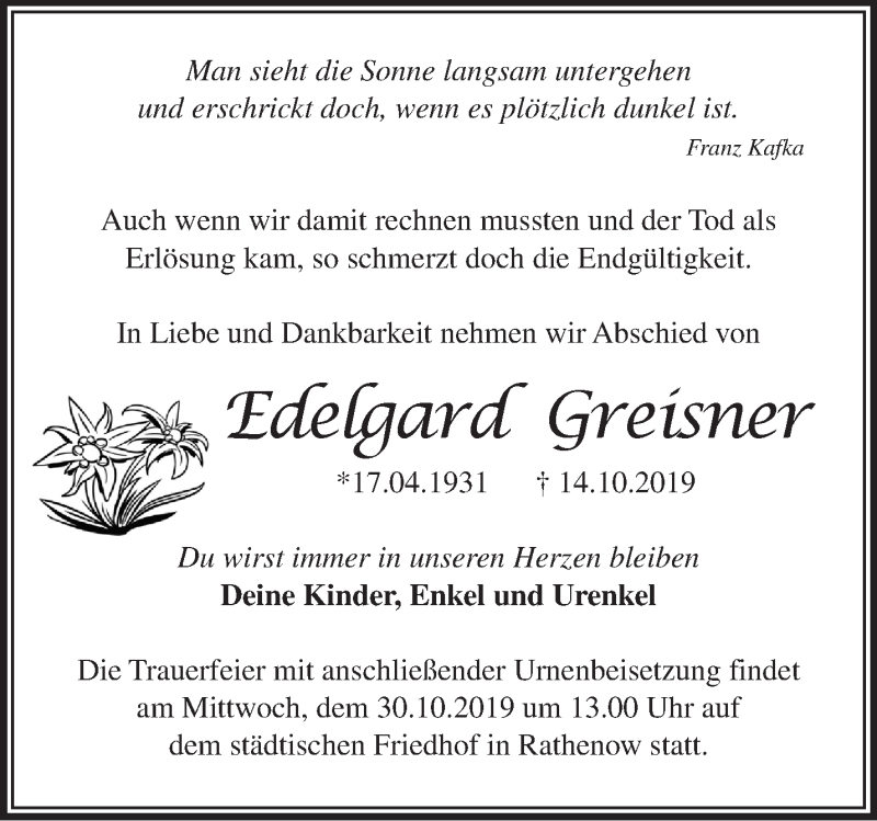  Traueranzeige für Edelgard Greisner vom 20.10.2019 aus Märkische Oderzeitung