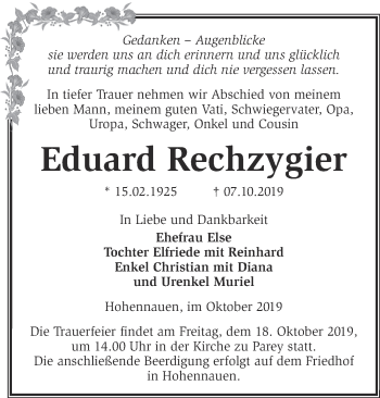 Traueranzeige von Eduard Rechzygier von Märkische Oderzeitung