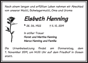 Traueranzeige von Elsbeth Henning von Märkische Oderzeitung